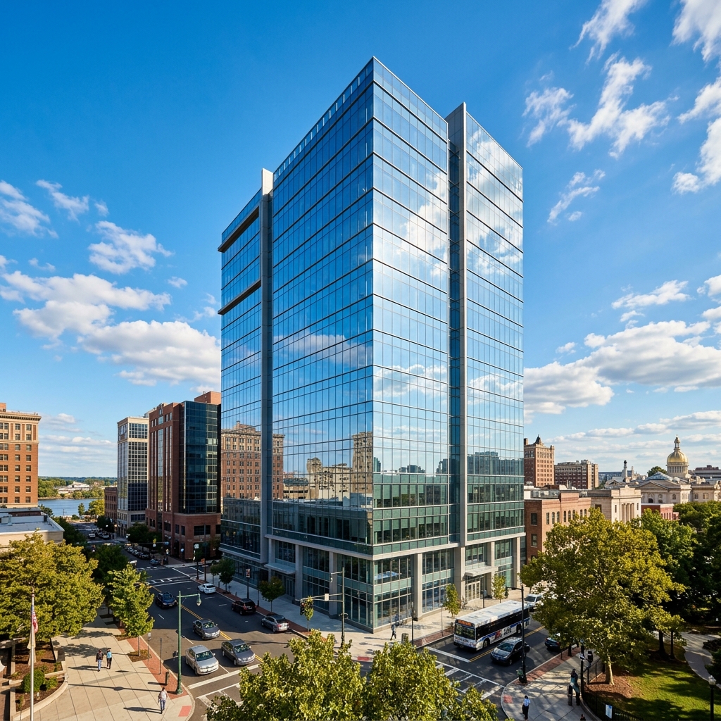 Modern glass office building in cityscape.