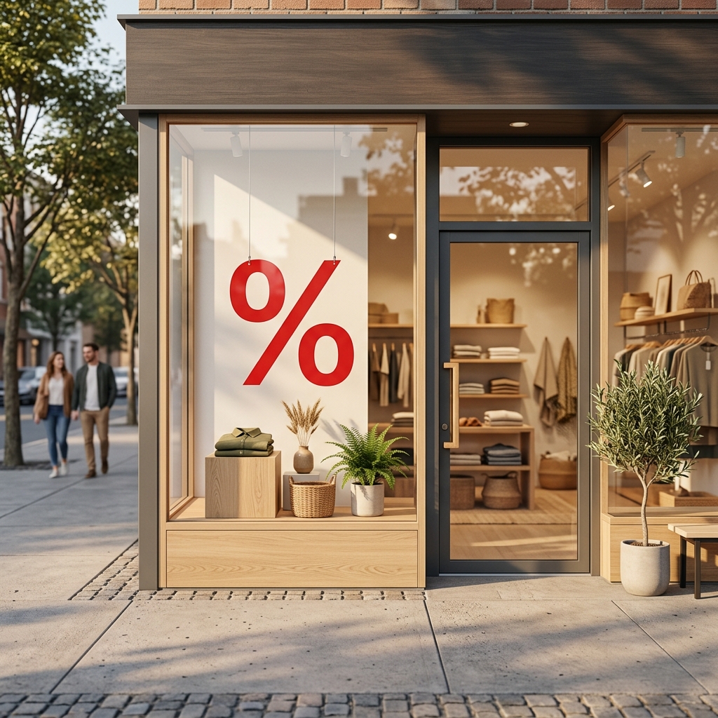 Clothing store with percentage sale sign in window.