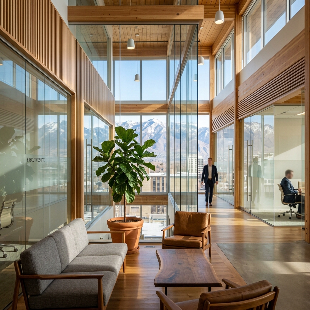 Modern office with mountain view and glass walls.