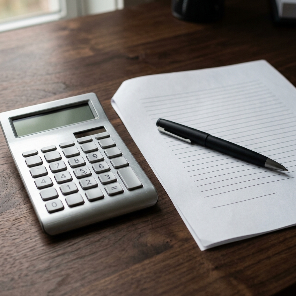 Calculator with notebook and pen on wooden desk.