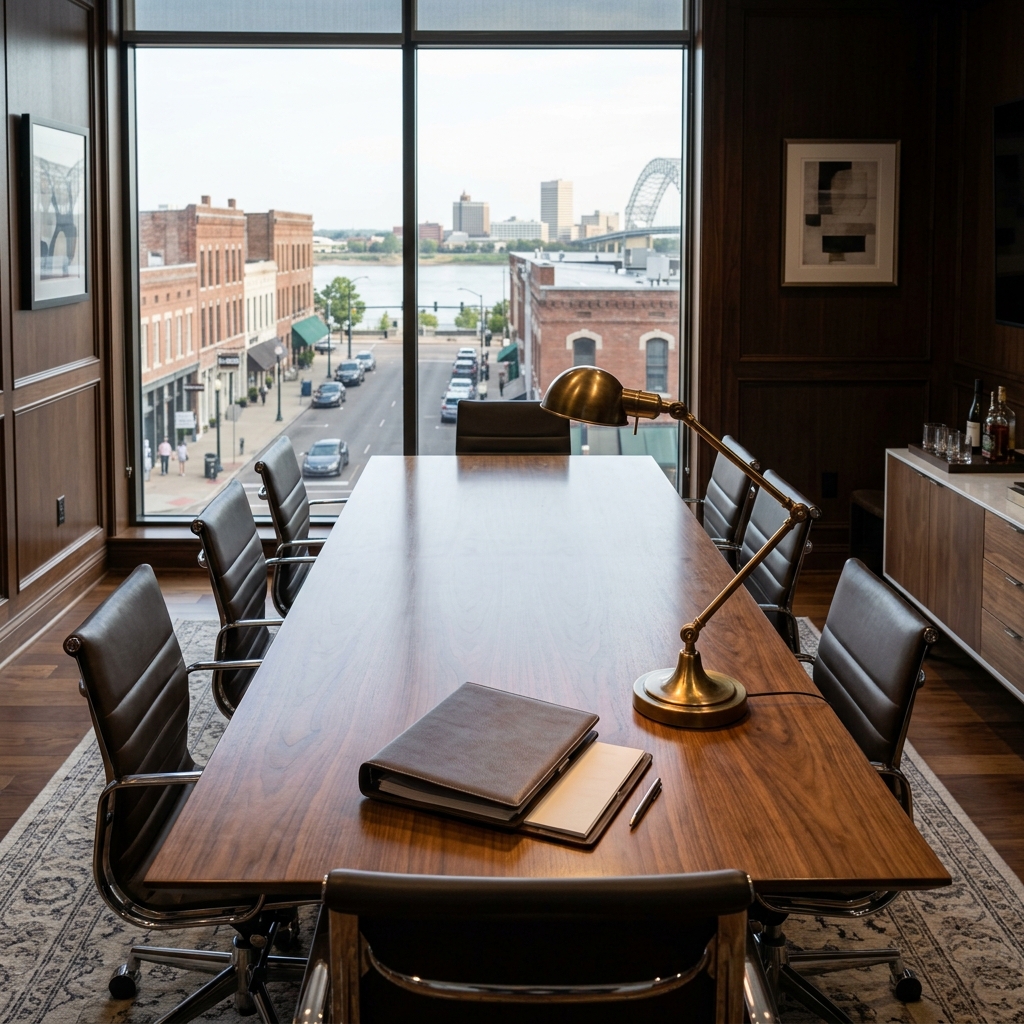 Elegant conference room with city view window.