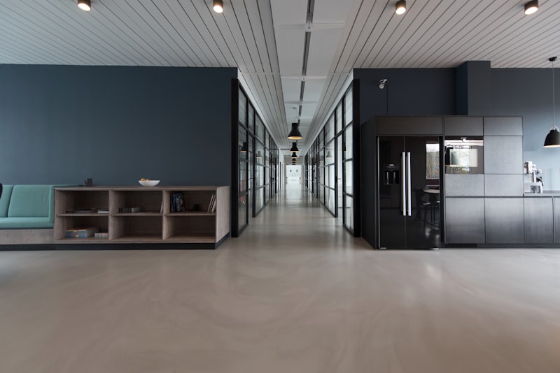 Modern office hallway with sleek design.