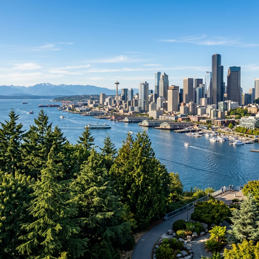 Seattle skyline and waterfront view.